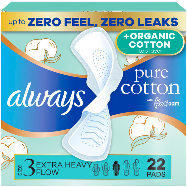 Always Pure Cotton, Organic Cotton top Layer Pads for Women with Wings, Feminine Care, Period, Menstrual, Sanitary, Postpartum, toallas sanitarias para Mujer, Size 3 Extra Heavy, Unscented, 66ct
