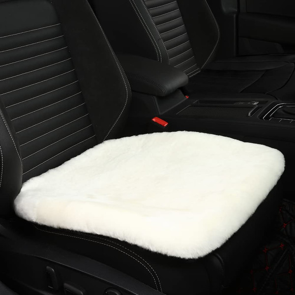 IRIWOOL Genuine Sheepskin Auto Seat Pad, Australian Soft Wool Seat Cover Breathable and Sweat-Wicking Comfort Warm Universal Fit,19.2 inch x19.2 inch (Front seat Cushion 1pc, Ivory White)