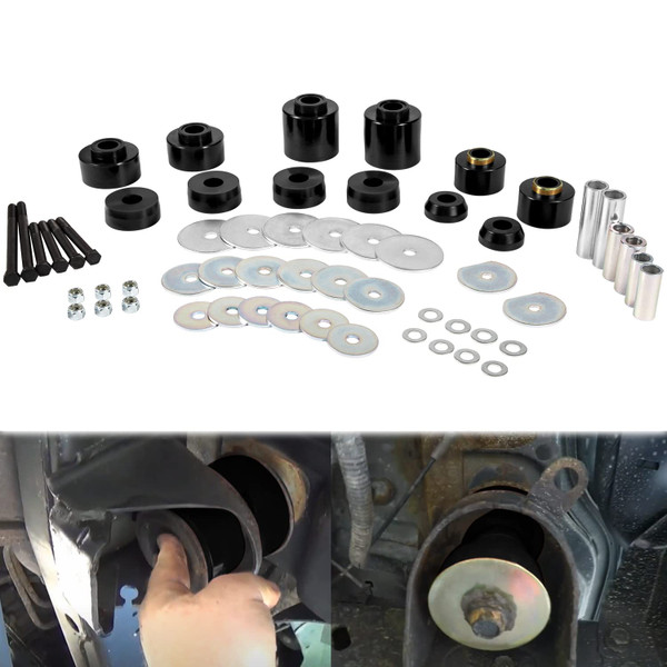 Body Mount Bushing Set Kit Compatible with 1980-1998 Ford F150 F250 F350 2WD 4WD, Heavy Duty Polyurethane Body Cab Mounts Steel Sleeves and Hardware Replacement Kit 58 PCS Black