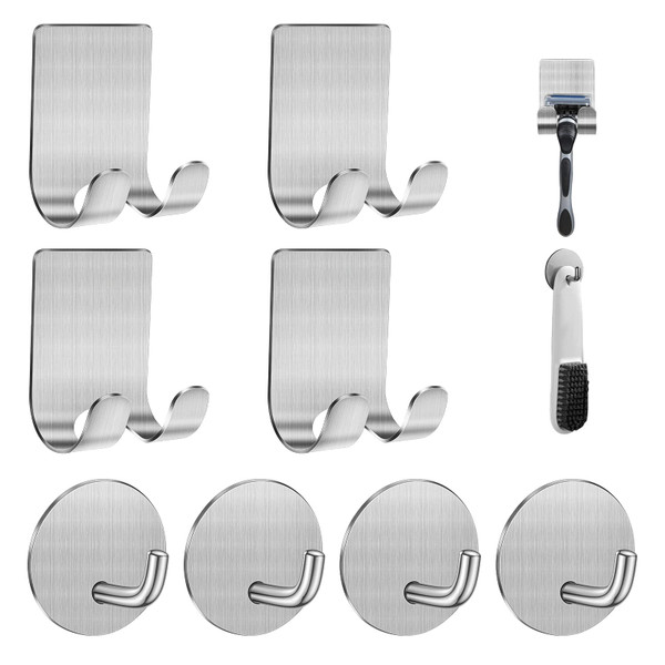 Diesisa Razor Holder for Shower + Adhesive Wall Hooks, Premium 304 Stainless Steel Shower Razor Holder with Heavy Duty Waterproof Sticky Hooks for Hanging Towels, Coat, hat (4+4 Pack) - Black