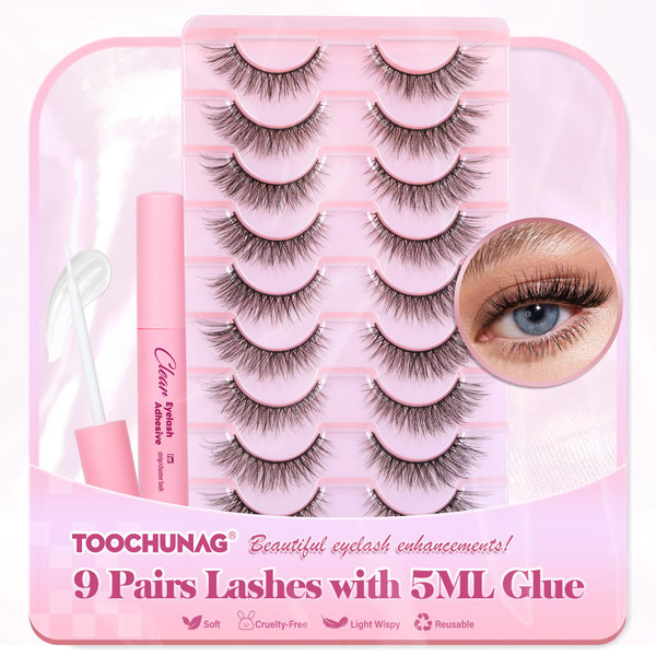 Natural Lashes Kit with Lash Glue 3D False Eyelashes Wispy 12mm Short Cat-Eye Lashes with 5ML Clear Eyelash Glue 9 Pairs Fake Eyelashes with Glue by TOOCHUNAG