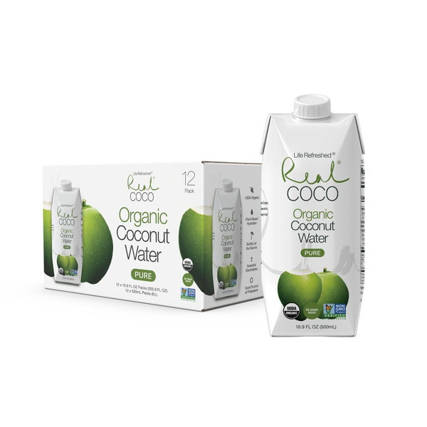 Real Coco Organic Pure Coconut Water 500mL, 100% USDA Organic Coconut Water, Packed with Electrolytes, Dairy/Soy Free, Vegan, Plant Based (12-pack, 500mL)