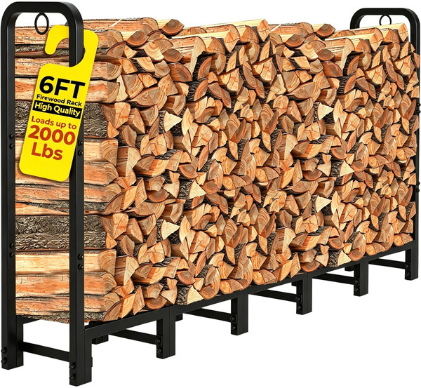Amagabeli 6ft Firewood Rack Outdoor Heavy Duty Adjustable Indoor Fire Wood Rack Log Holder Organizer Stand for Fireplace Metal Wood Pile Lumber Storage Organizer Stacker for Patio Porch Black