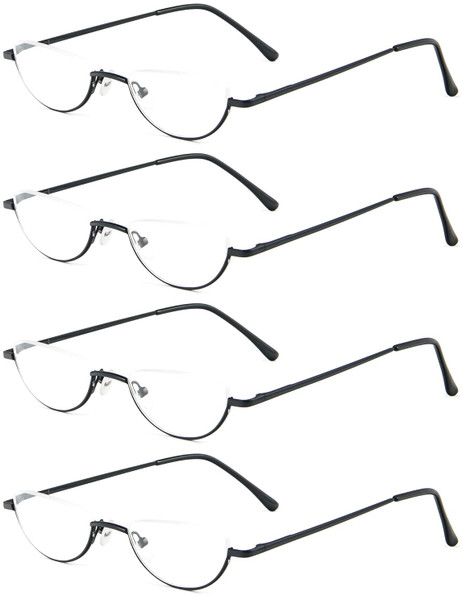 REAVEE 4 Pack Retro Designer Alloy Half Moon Reading Glasses for Women Men Half Frame Spring Hinge Stylish Slim Reader with Pouch, Black 1.75
