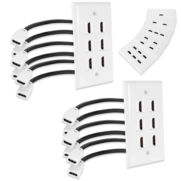 MXTECHNIC Single Port 4K HDMI Wall Plate Outlet Cover with 6 Inch Female to Female High Speed HDMI Pigtail Cable for Video Game Systems,TV Boxes(6-Port 2Pack)