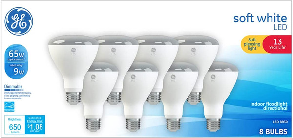 GE LED 9-Watt, 650 Lumens, (65W Equivalent) Soft White, BR30 Indoor Floodlight Bulbs, E26 Medium Base, 13-Year Life, 8pk
