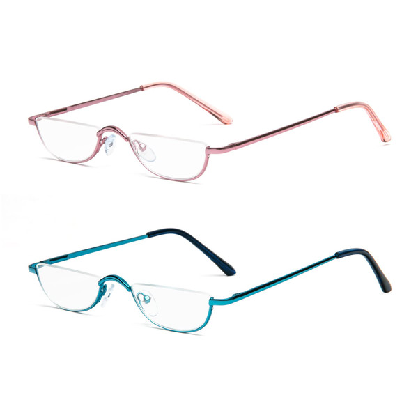 Half Reading Glasses - 2 Pairs Half Rim Metal Frame Glasses Spring Hinge Readers with Leather Pouch for Men and Women (Blue&Pink, 2.75)