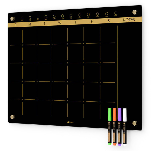 Yeoux Black Glass Monthly Dry Erase Calendar Board for Wall, 17" x 23"