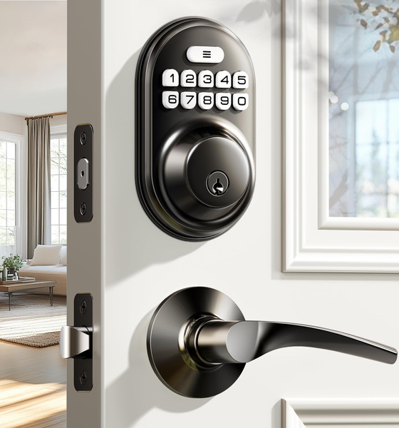 Veise RZ-C Keyless Entry Door Lock with 2 Lever Handles, Matte Black