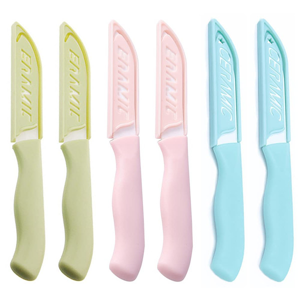 6 Pack Ceramic Paring Knives with Cover, Fruit & Vegetable Knife (3 Colors)