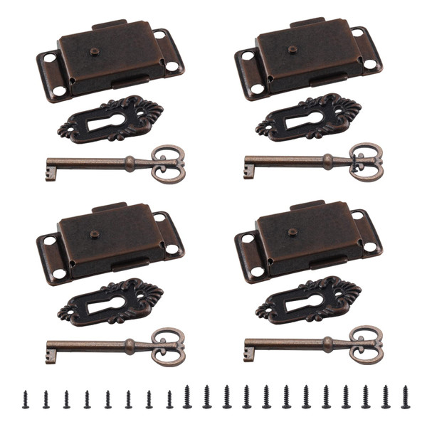 Kyuionty 4 Sets Skeleton Key Lock Antique Red Bronze Cabinet Lock with Keys