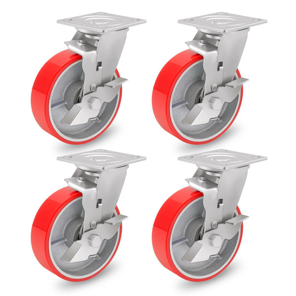 Nefish 6 Inch Industrial Casters Set of 4 Heavy Duty No Noise Polyurethane Wheel on Steel Hub, Workbench Casters with Brakes 4800 Lbs, Plate Swivel Casters for Toolbox Workbench (4 Swivel & Brakes)