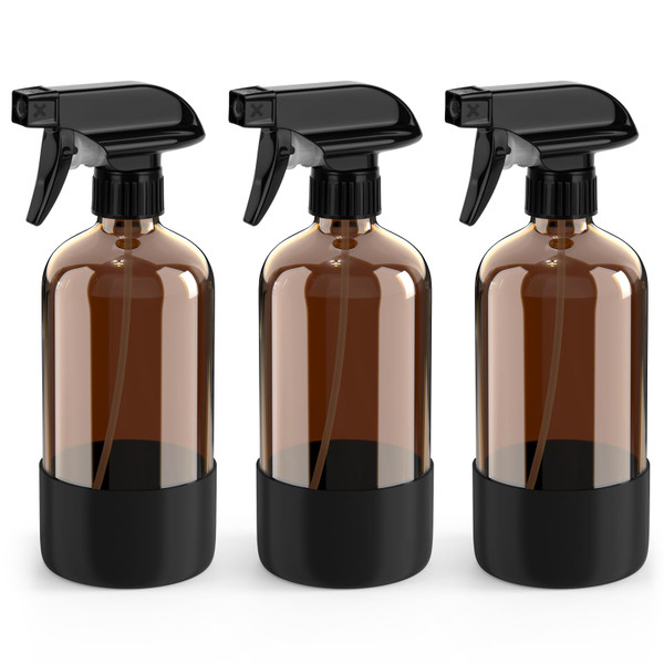 Bontip Amber Glass Spray Bottle, 16 oz with Black Silicone Sleeve, 3 Pack