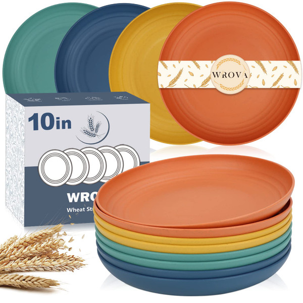 Wrova Wheat Straw Plates - 10 Inch Unbreakable Dinner Plates Set of 8 - Dishwasher & Microwave Safe Plastic Plates Reusable - Lightweight Plates for kitchen,camping (Colorful Series)