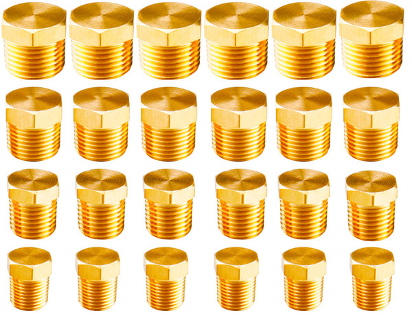WHK 24 PCS Brass Hex Pipe Plug Fittings Kits 1/8" 1/4" 3/8" 1/2" NPT Male