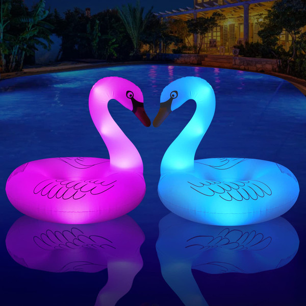 Inflatable Swan Pool Floats with Colorful Lights, FlyfreeU Solar LED Color Changing Swan Swim Float Rings, 42 Inch Large Pool Beach Floaties Lake Beach Floaty Summer Pool Raft Lounge for Adults