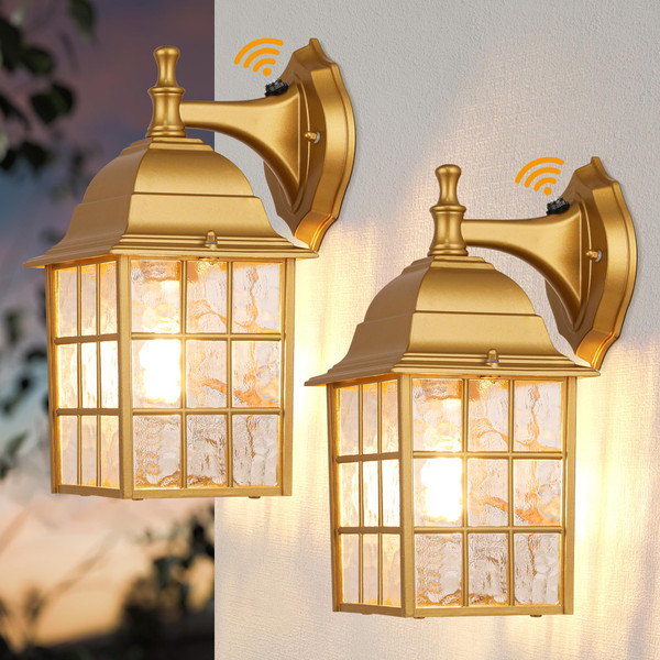 2 Pack Outdoor Light Fixtures, Dusk to Dawn Porch Light Wall Mount, Gold