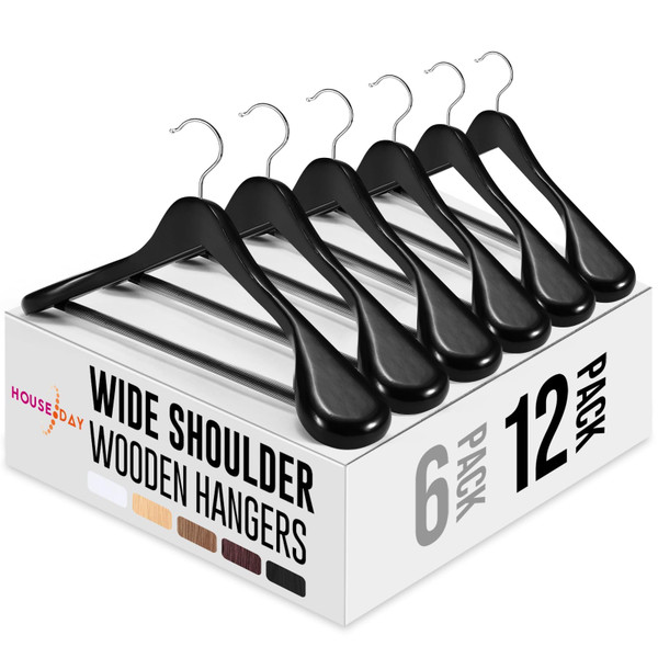 HOUSE DAY Premium Wooden Suit Hangers 12 Pack, Thick Wide Shoulder Black