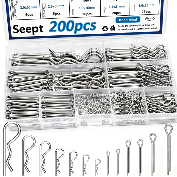 Seept 200Pcs 304 Stainless Steel Cotter Pins Assortment Kit - Hitch Pin Clips for Locking Systems | Ideal for Farm Tools, Tractor Implements, and Accessories
