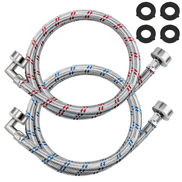 【UPGRADED】4FT Stainless Steel Washer Hoses with 90 Degree Elbows by Beaquicy - 2 Pack No-Lead Burst Proof Hot & Cold Water Connection Inlet Washer Supply Lines