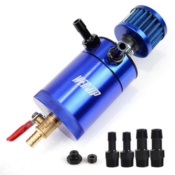 WENJTP Oil Catch Can Kit with 4 Adapters + Breather Filter Drain Valve Plug 2 Ports (1 oulet + 1 inlet) 150ml Universal Aluminum Baffled Oil Reservoir Tank Oil Separator HTRACING (Blue)