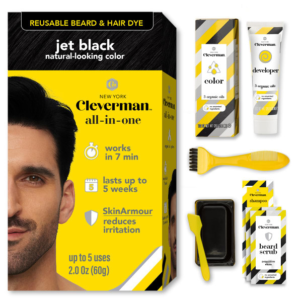Cleverman Hair & Beard Dye for Men, Jet Black 1.7, Gray Coverage, No-Drip