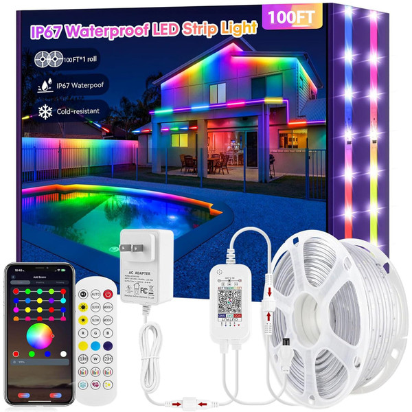 Skzlibry RGB+IC LED Strip Lights Outdoor, 100FT Waterproof Rope Light Patio