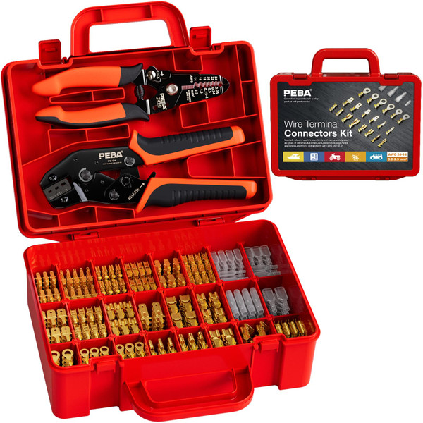 PEBA Open Barrel Crimping Tool Kit - 20 Sizes Spade Connectors Open Terminals & AWG 24-14 Ratcheting Wire Crimper, 2.8/3.9/4.8/6.3mm Non-Insulated Copper Terminals for Car Audio Speaker, Auto Wiring