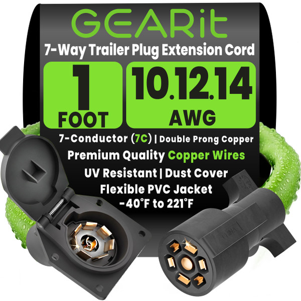 GEARit 7 Way Trailer Plug Extension Cord 1 Ft, 7 Pin Round Wiring Harness