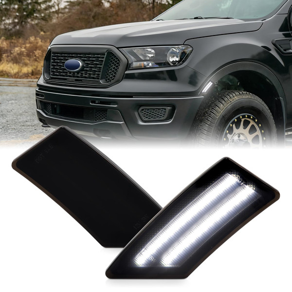 FetonAuto White LED Side Marker Lights for Ford Ranger Lariat XL XLT 2019 2020 2021 2022 2023 Ranger Front Fender Bumper Signal Lamps, Smoked Lens