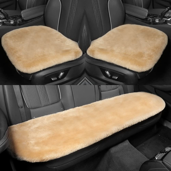 IRIWOOL Genuine Sheepskin Auto Seat Pad,Soft Wool Seat Cover Breathable and Sweat-Wicking Comfort Warm Universal Fit (Front seat Cushion 2pcs & Rear seat Cushion 1pc, Khaki)