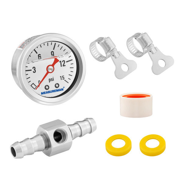 MEASUREMAN 0-15 Psi Glycerin Filled Fuel Pressure Gauge, 1.5” Dial, 304 Stainless Steel Case, 1/8” NPT Center Back Mount, with 3/8” Fuel Line Adapter, Copper Tube & Fittings, Red Aluminum Pointer