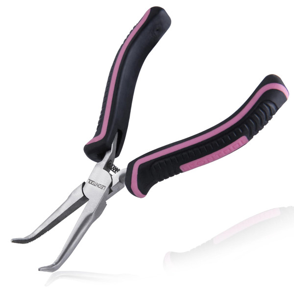 LEONTOOL 5 Inches Mini Bent Needle Nose Pliers with Serrated Jaw, Soft Grip