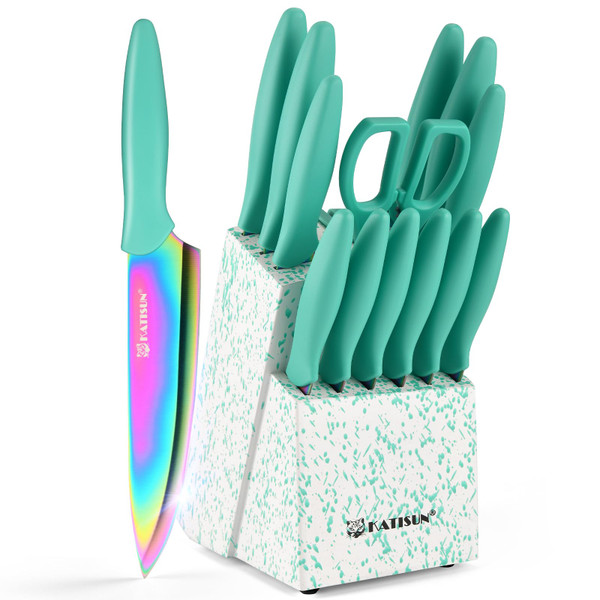 KATISUN Kitchen Knife Set with Block, 14 Piece Rainbow Titanium Coated Stainless Steel Knives Set, Anti-Rust and Dishwasher Safe, 12 Knives with Kitchen Shears and Block