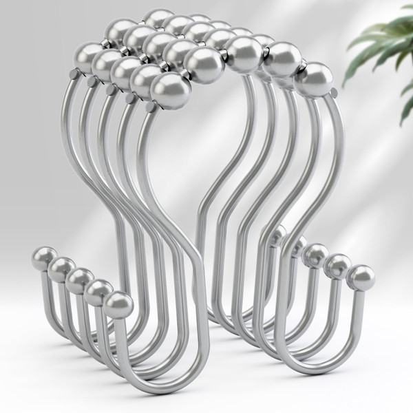 AmazerBath Shower Curtain Hooks, Shower Curtain Rings, Metal Chrome Shower Curtain Hooks Rust Proof, Smooth Glide Double Shower Hooks for Shower Curtain, Shower Rod Hooks 12Pcs