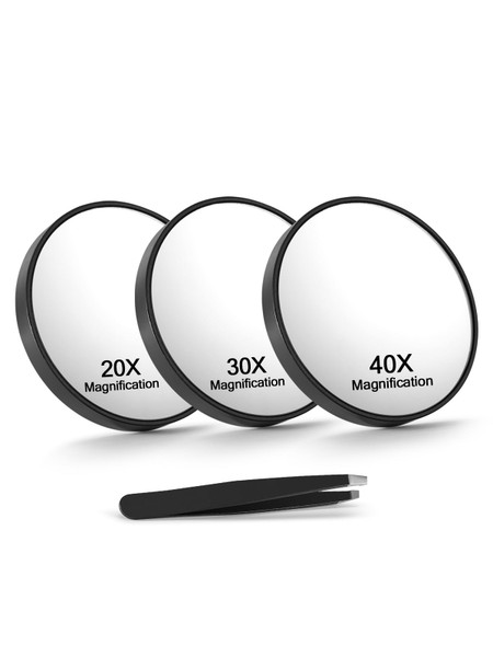 Macaki 20x30x40x Magnifying Mirror Set, with Suction Cups, 3.5 in, Black