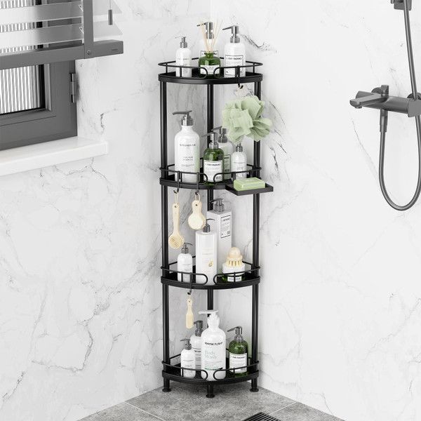 SWTYMIKI Corner Shower Caddy Standing - 4 Tier Stainless Steel Shower Organizer Stand with 4 Hooks & Soap Holder, Rustproof Metal Standing Tall Floor Shower Shelf and Bathroom Organizer, Black