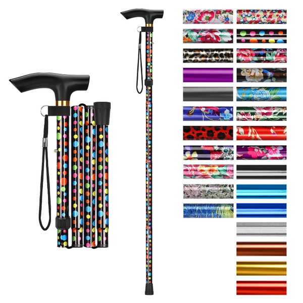 supregear Folding Cane, 5-Level Adjustable Height Walking Stick Lightweight Collapsible Portable Travel Cane with Wrist Strap and T Handle for Elderly Disabled Men Women, Black Polka Dots