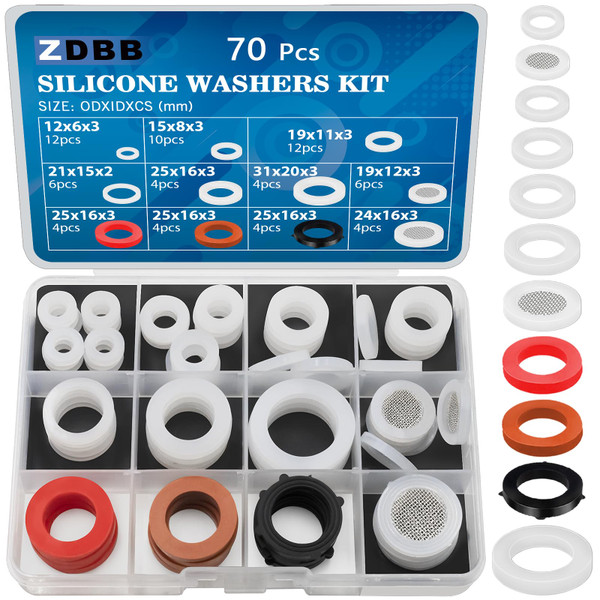 ZDBB 70 Pcs Plumbing Silicone Gasket Assortment Kit VMQ Silicone Washer