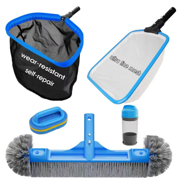 TidyMister Pool Cleaning Kit Pool Net and Brush Set - 18'' Repairable Pool Net & 18'' Round Pool Brush & 11'' Ultra Fine Mesh Pool Skimmer & Chlorine Floater & Handy Scrubber