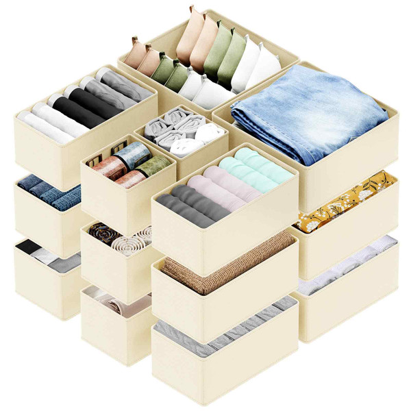 SpaceAid Drawer Organizer for Clothes, 18 Pack Dresser Drawer Organizer Bins, Closet Organizers and Storage Dividers for Clothing, Underwears, Socks (Beige)