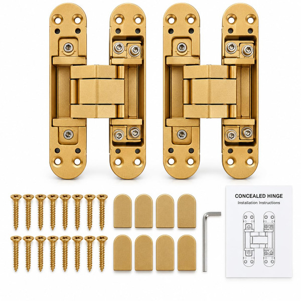 LOPYXBR 2 PCS 6 Inch Hidden Door Hinge Heavy Duty Invisible Hinges Gold Concealed Door Hinge 180 Degree 3-Way Adjustable Butt Hinge, 88 Lb Load Capacity(6 x 2.5 x 1)