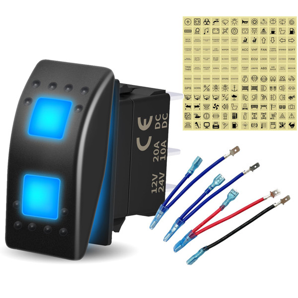 3 Way Maintained Rocker Switch 7Pin ON-Off-ON Rocker Switch Button 12V 20A DPDT Dual Blue LED Toggle Switch with Jumper Wire with Stickers for Automotive Car Marine Boat UTV ATV RV