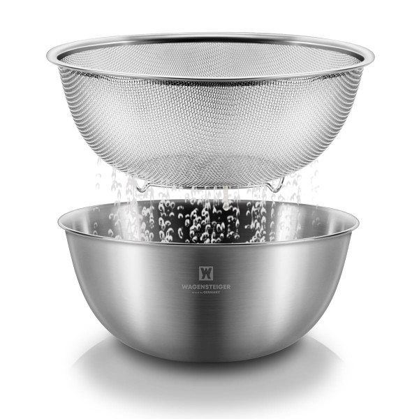 WAGENSTEIGER Stainless Steel Mixing Bowl and 3-Legged Colander Set, Multipurpose Kitchen Basket with Fine Mesh Colander, Salad Mixing Bowl with Strainer, Rinsing Vegetables & Fruits (22cm / 8.66")