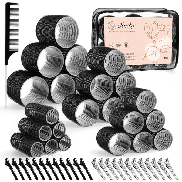 4 Sizes Self-Grip Hair Rollers Set - 50 Pcs Jumbo Curlers for Long, Short Hair and Bangs (25mm, 36mm, 48mm, 60mm) With Clips, Black