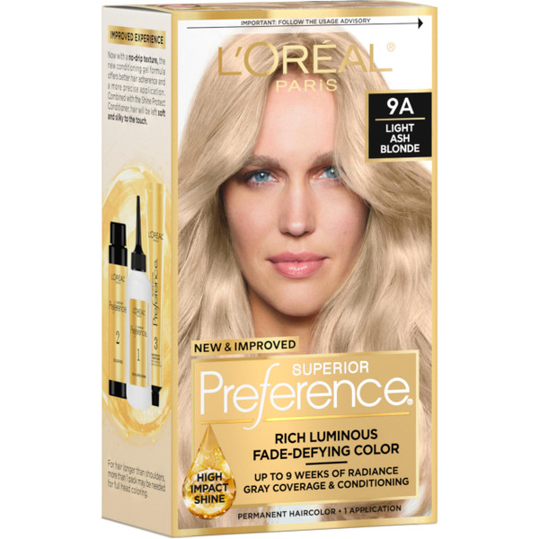 L'Oreal Paris Superior Preference Luminous Fade-Defying Permanent Hair Color, Hair Dye For Up to 9 Weeks of Radiance, Light Ash Blonde 9A, 1 Hair Dye Kit