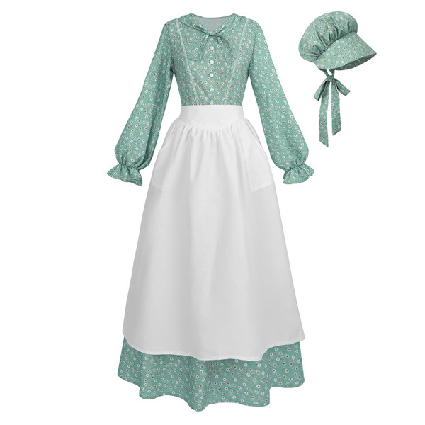 LTAKK Prairie Dress Women Colonial Pioneer Costume, Green, Medium