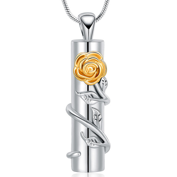 VCCWYQK Rose Flower Urn Necklace for Ashes with Hollow Cylinder Cremation Jewelry Urn Pendant Memorial Lockets for Ashes for Women Men (F)