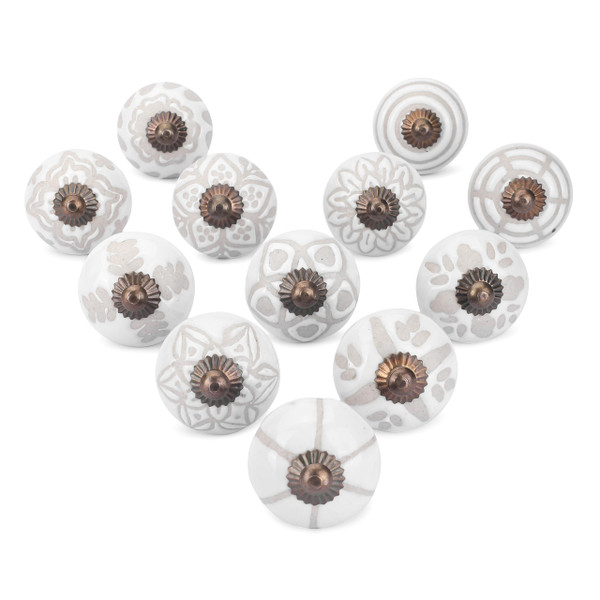 Ajuny 12 White Ceramic Cabinet Knobs Handmade Drawer Pull Handles Set