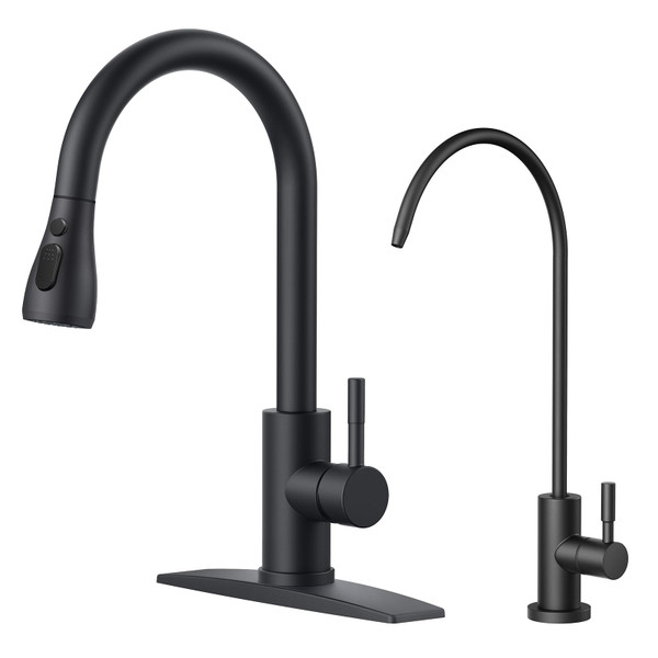 FORIOUS Pull Down Kitchen Faucet and Water Filter Faucet, Matte Black